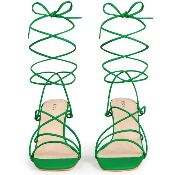 Chunky Heel Wrap Up Strappy Heel Sandals with Square Toe Light Green - Picture 1 of 7